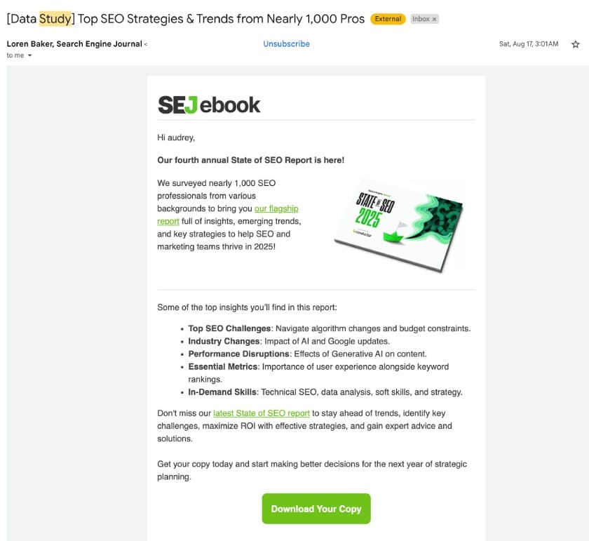 An email from Search Engine Journal announcing a new report.
