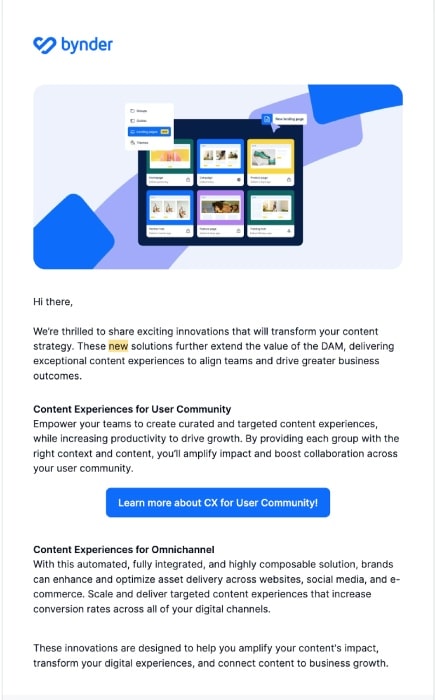 An email from the platform Bynder announcing new products.