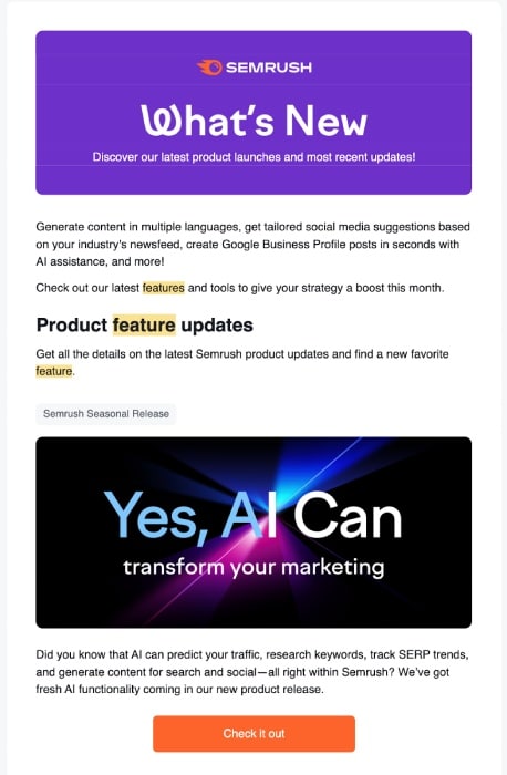 An email from the platform Semrush announcing new product feature updates.