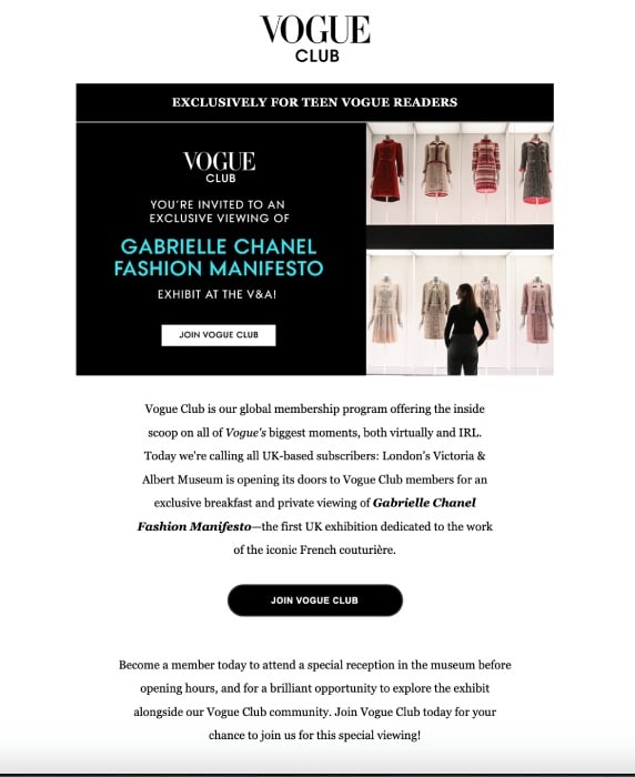 An email from Vogue with an invitation to a live event.