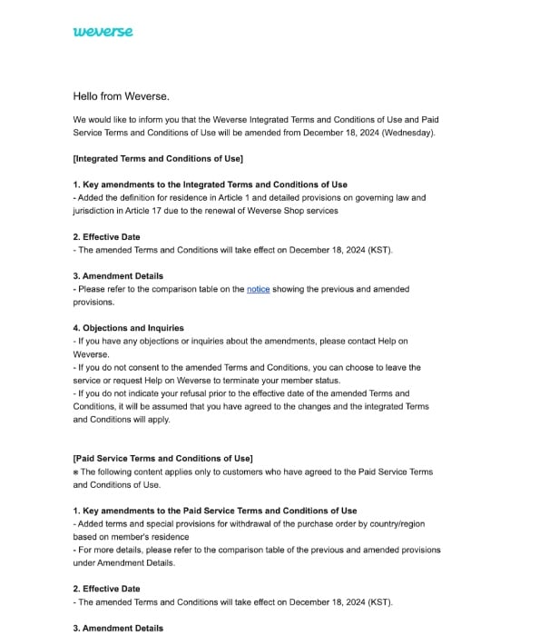 An email with a terms and conditions update from the platform Weverse.