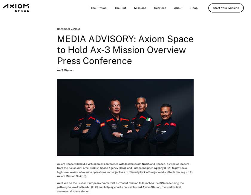 Screenshot of Axiom Space media advisory.