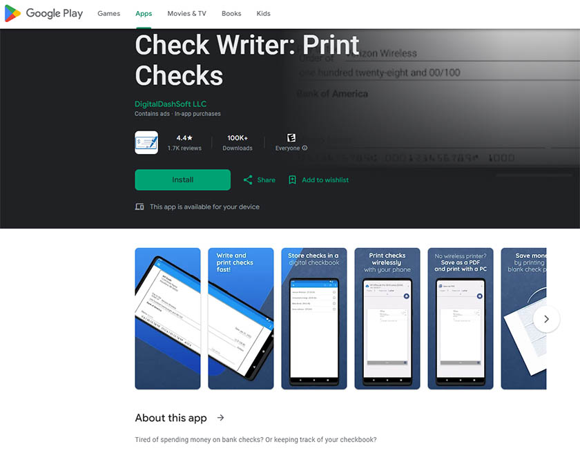 Screenshot of Check Writer App on Google Play.