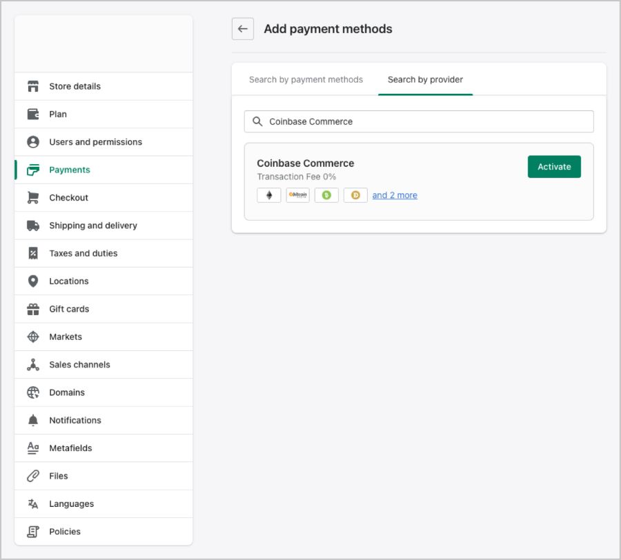 Coinbase activation setup from Shopify payment settings.