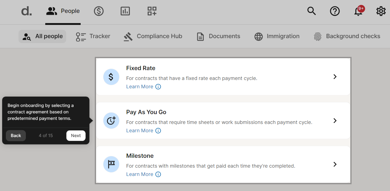 A screenshot showing the various contract templates that Deel offers.