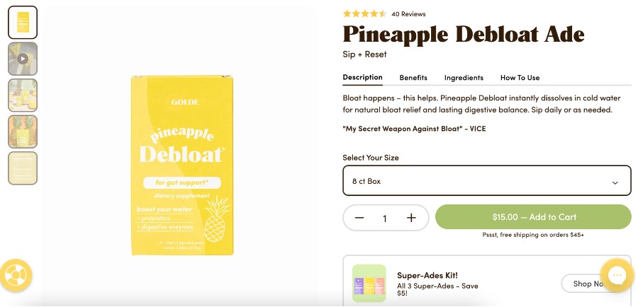 Product page for Golde's Pineapple Debloat Ade with a thorough description, ingredient list, and instructions.
