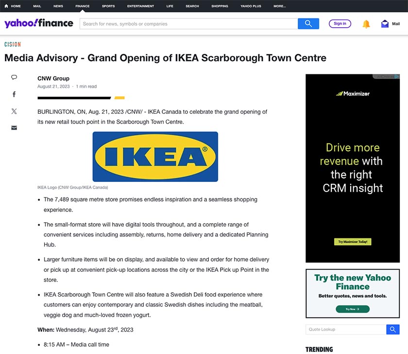 Screenshot of IKEA media advisory.