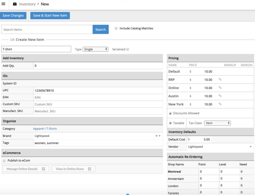 Screenshot of creating a new item in Lightspeed Retail with blank default product info fields.