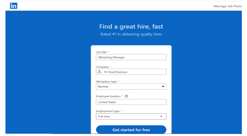 Blue background LinkedIn job posting form.
