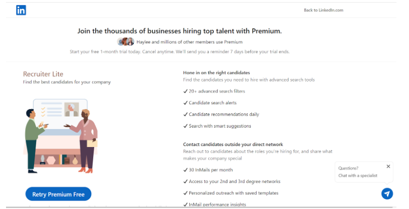 Recruiter Lite highlights image web page screenshot.