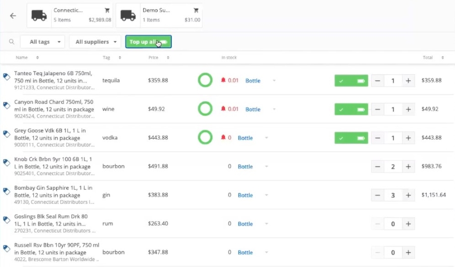 One-click reordering display in Lightspeed Restaurant software.