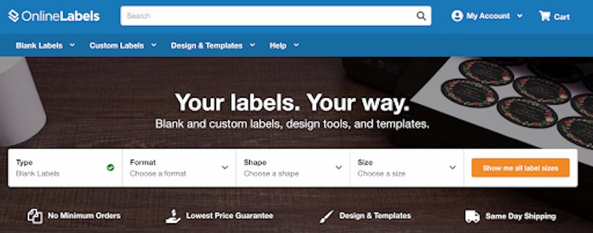 Screenshot of the Online Labels homepage.