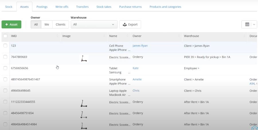 Screenshot of Orderry's inventory management feature showing a list of cataloged assets with thumbnail images.