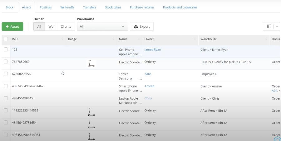 Inventory assets list for electronic scooters on orderry software.