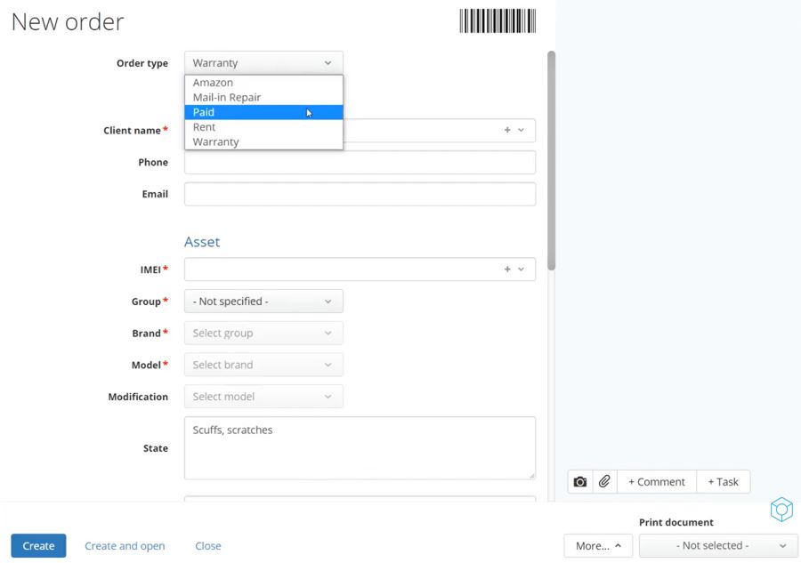 Orderry interface for a work order, marked as paid in drop down.