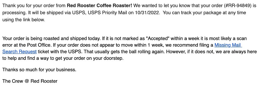 Screenshot of Red Rooster Coffee Roaster email with product tracking information.