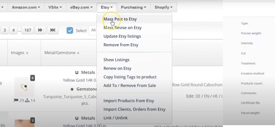 Screenshot of Valigara's channel managment dashboard showing a drop-down menu of actions under the Etsy tab.