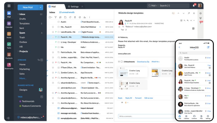 The interface of Zoho Mail on desktop and mobile.
