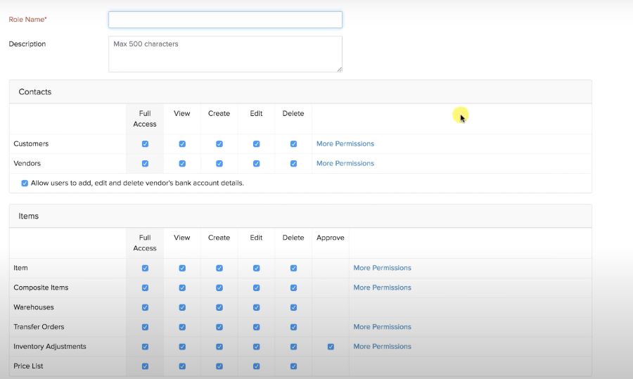 Screenshot of Zoho's function to customize user permissions by checking boxes for each action.