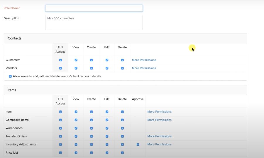 Zoho Inventory user permission page.