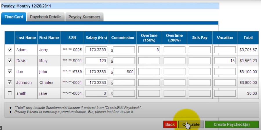 ePaycheck image showing you can select of deselect employees for payroll calculation.
