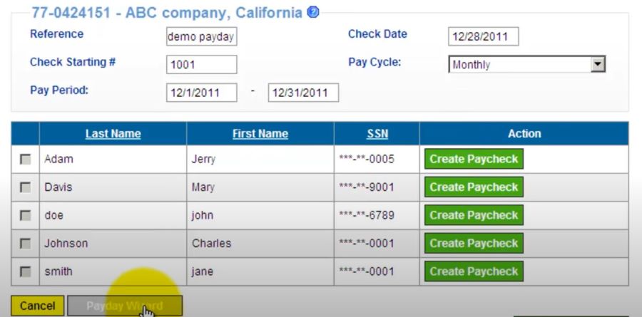 ePaycheck payroll page showing ability to create paychecks singularly or in bulk.