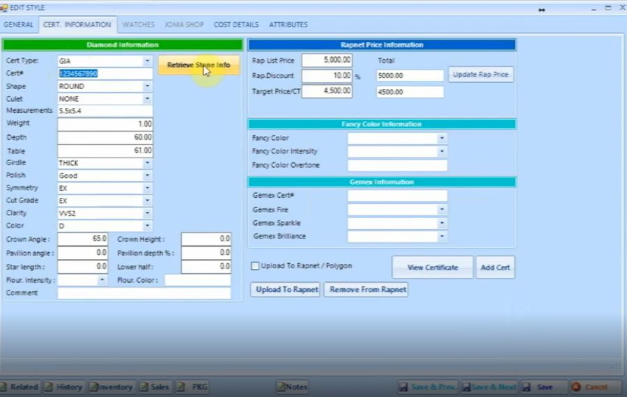 Screenshot of uploading a GIA diamond certificate to an inventory entry in wJewel with fields for diamond specifications.