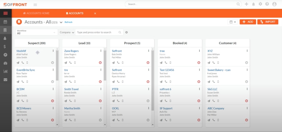 Soffront's account management tab with Kanban-style pipeline and filter options.