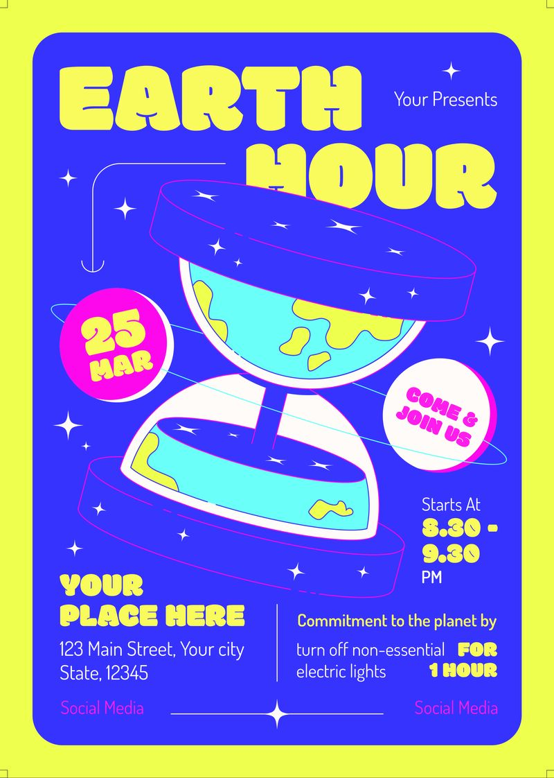 A flyer commemorating Earth Hour with a visual metaphor of the earth as an hourglass.