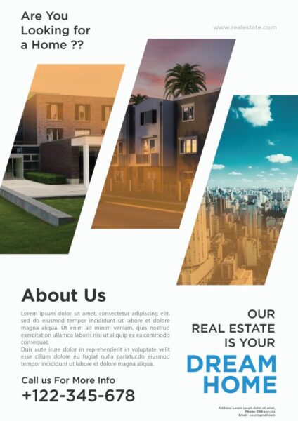 A flyer for a real estate agency with a call to action to visit a website.