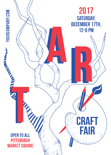 A stylized flyer design for an art fair with custom illustrations and fonts.