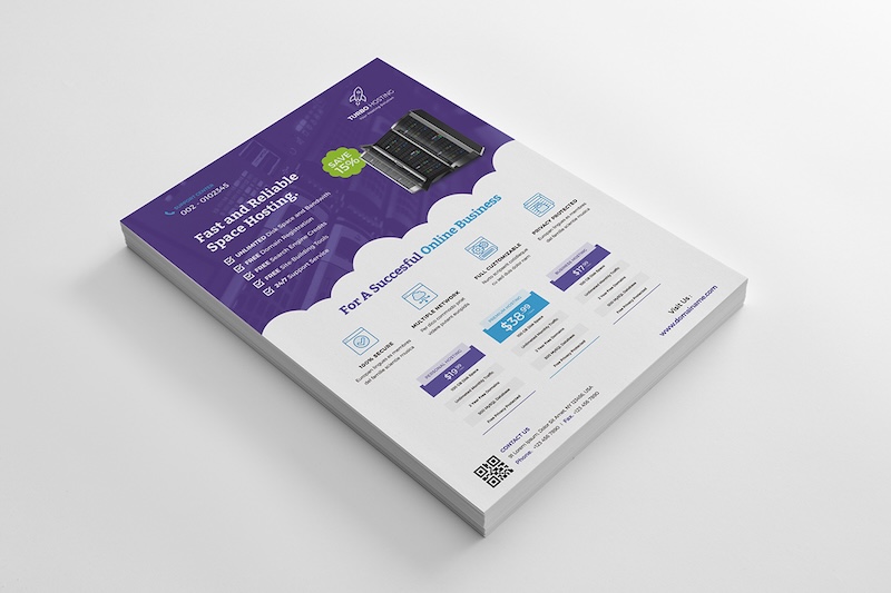 : A flyer for a web hosting service with a violet color scheme.