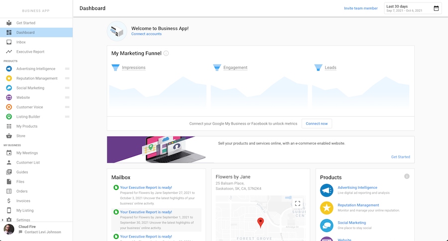 Vendasta's white labeled business app dashboard with an overview of the marketing funnel, mailbox, and products.