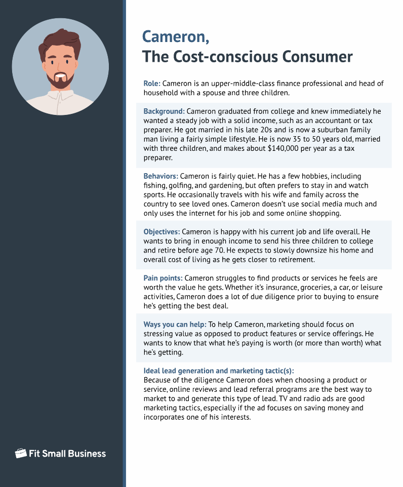 An example of a customer persona for Cameron, the cost-conscious consumer