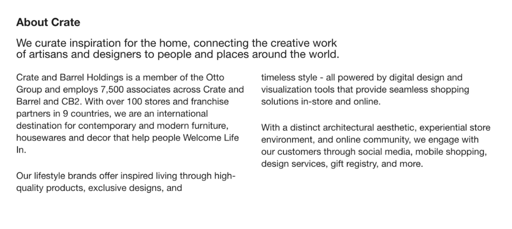 Crate & Barrel's brand positioning statement and brand story taken from its website.