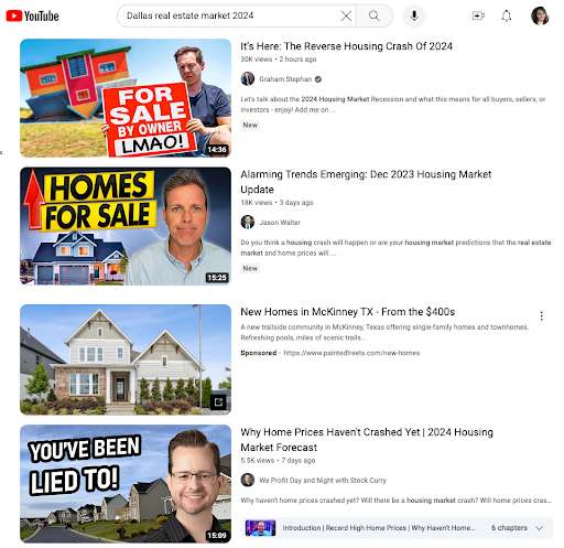 YouTube video results for the term "Dallas real estate market 2024"