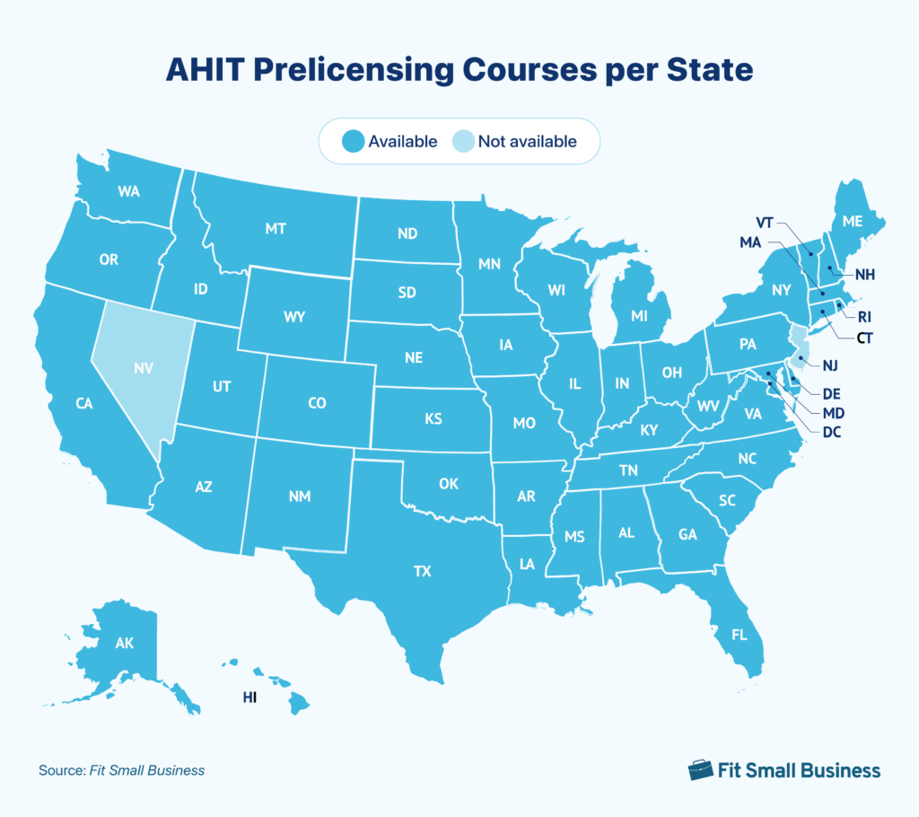 US map with AHIT prelicensing course availability.
