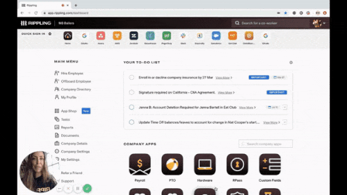 Gif showing Rippling's user interface and its modular system for tools and app management.