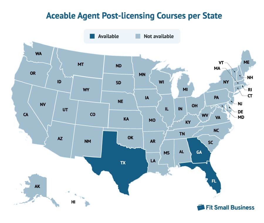U.S. state map titled "Aceable Agent Post-licensing courses per state".