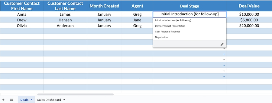 A screenshot showing the deal stages to choose from when customizing Fit Small Business' Google Sheets CRM template.