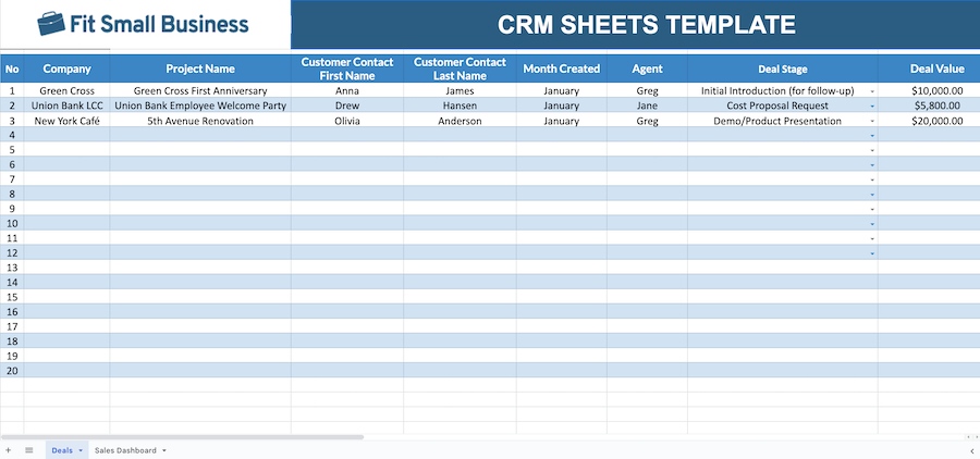 A screenshot of the Deals tab of Fit Small Business' Google Sheets CRM template.