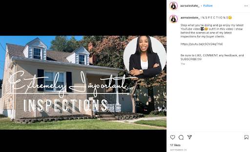 Real estate Instagram post linking to a YouTube video