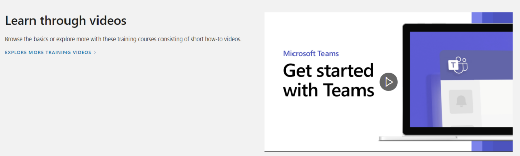 Microsoft Teams help center landing page with training videos.