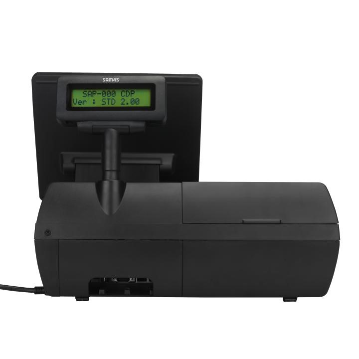 Green and black customer-facing digital pole display on SAM4s SAP-630 electronic cash register.