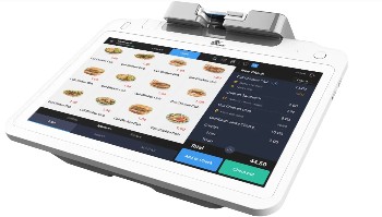 White SpotOn touchscreen countertop terminal with built-in card readers.