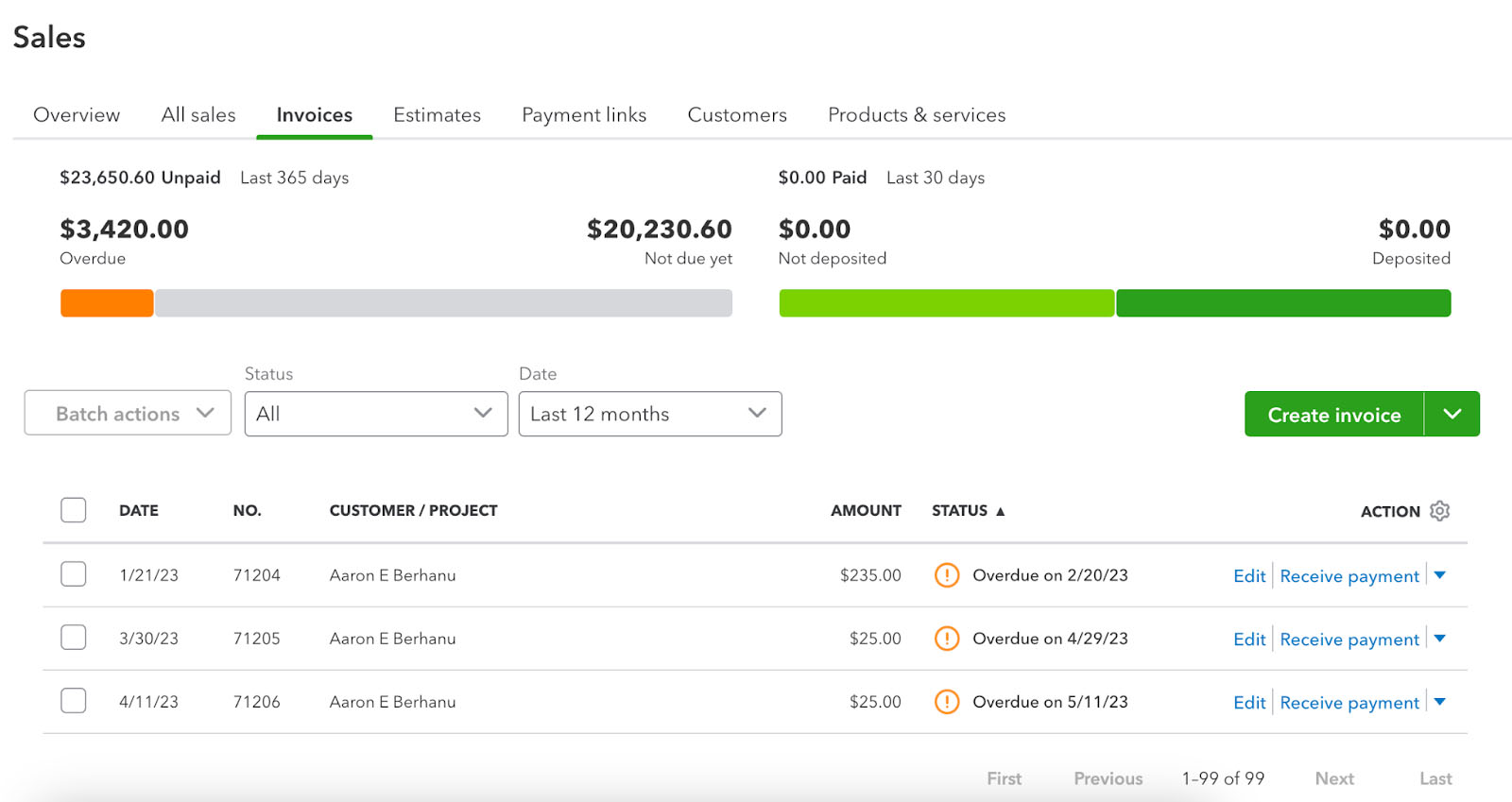 Image showing the invoice tracking dashboard of QuickBooks Online.