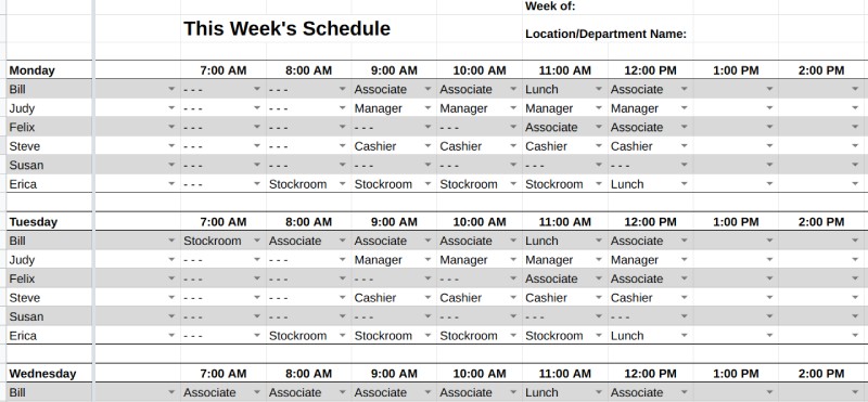 Employee schedule template with drop down menus.
