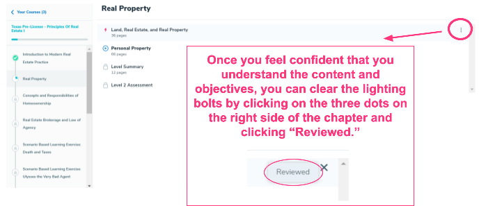 Aceable Agent's Mastery Tracking feature showing how to mark a content as "Reviewed."
