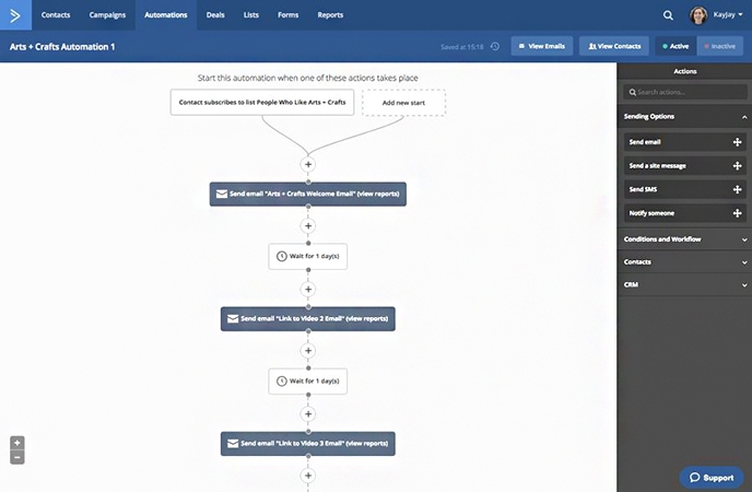 A screenshot showing ActiveCampaign's basic email automation workflow