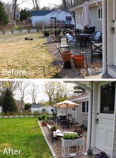 Outdoor patio before and after adding brick edging
